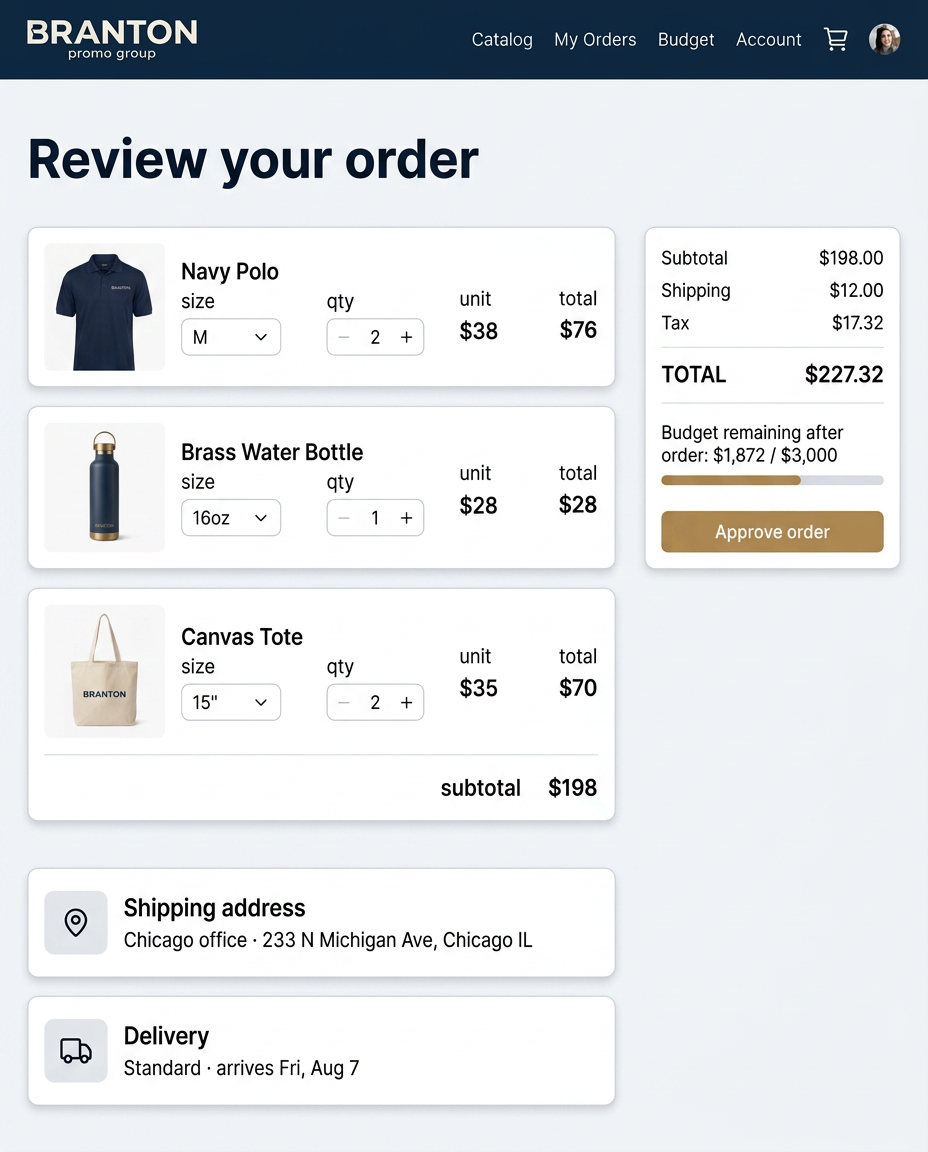 Branton company stores order flow interface mockup