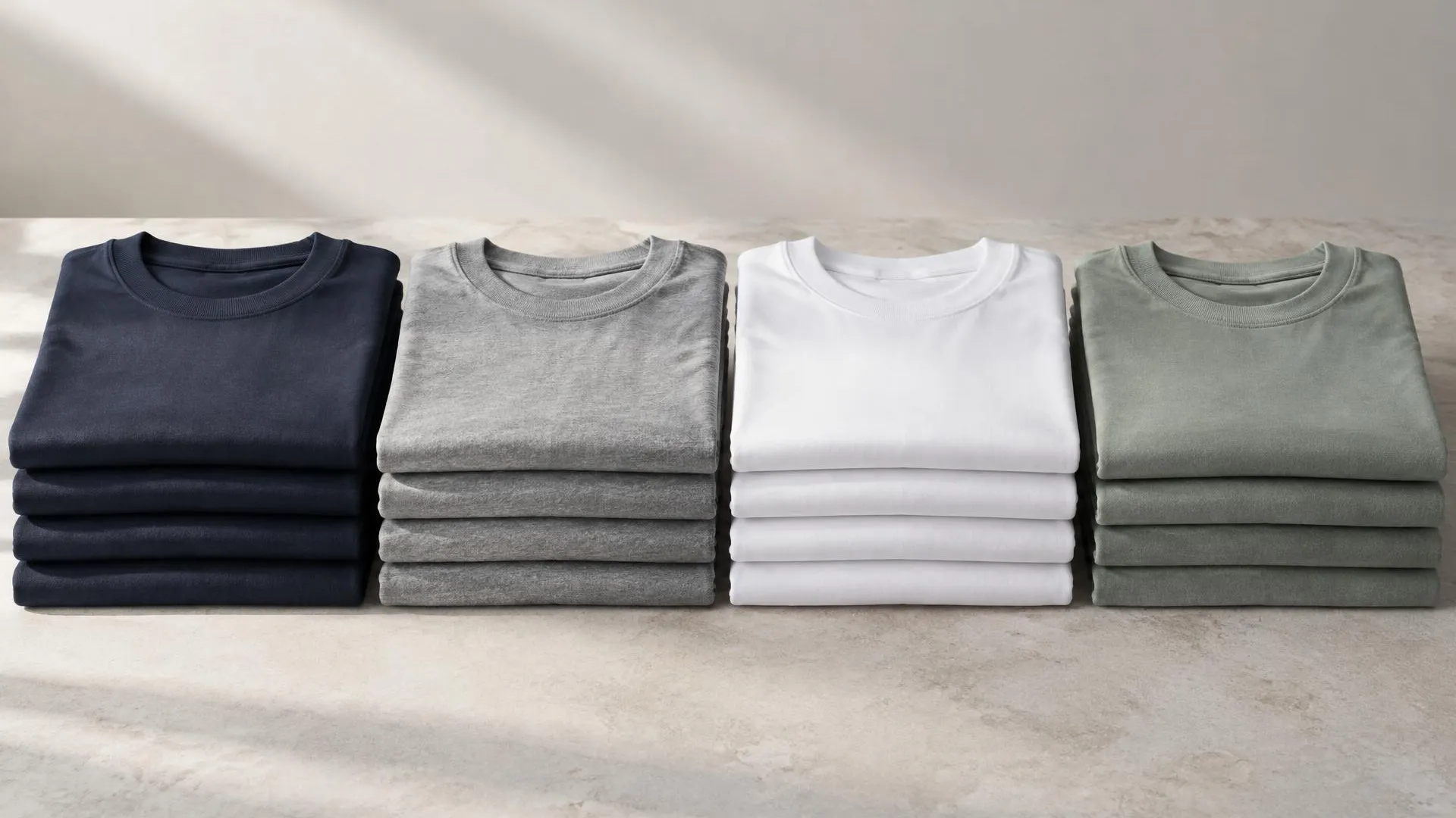 Four stacks of folded plain crewneck t-shirts in navy, heather gray, white and washed sage green on light stone.