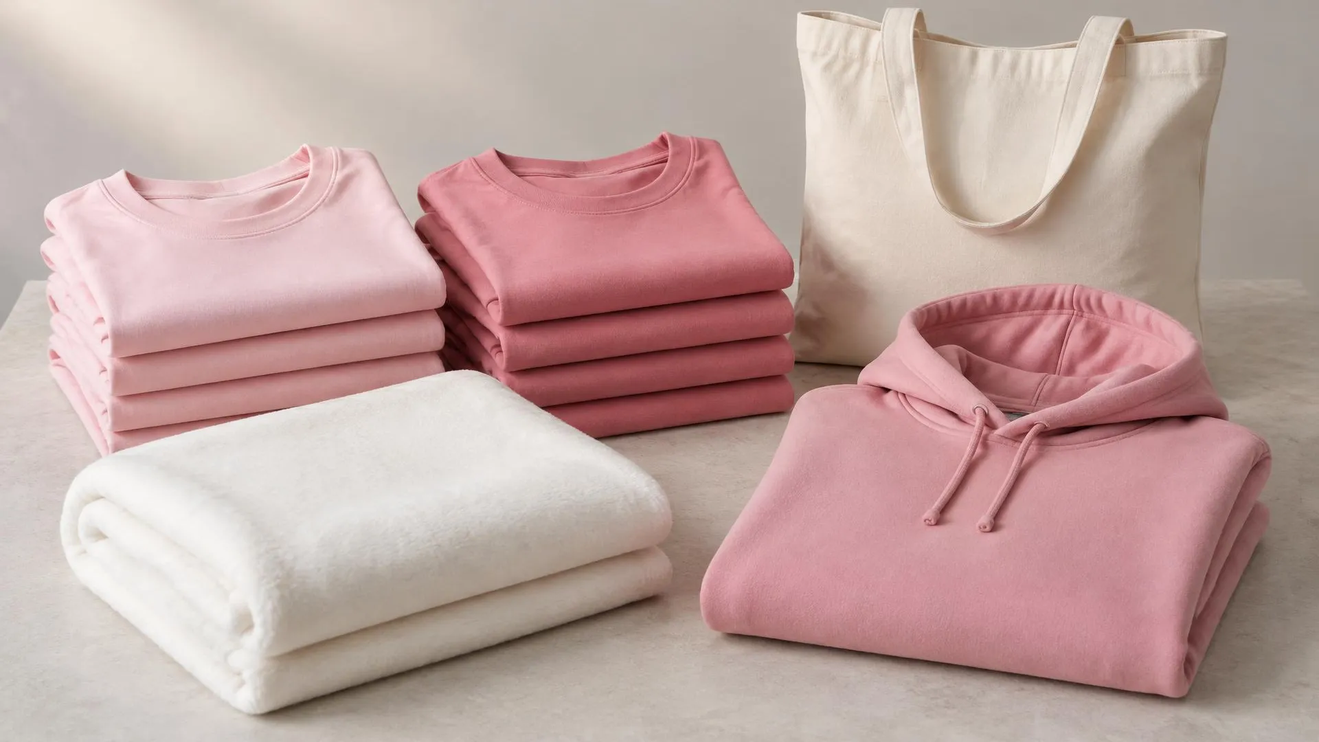 Stacks of folded pink t-shirts in two shades, a pink hoodie, a canvas tote and a folded white fleece blanket on light stone.