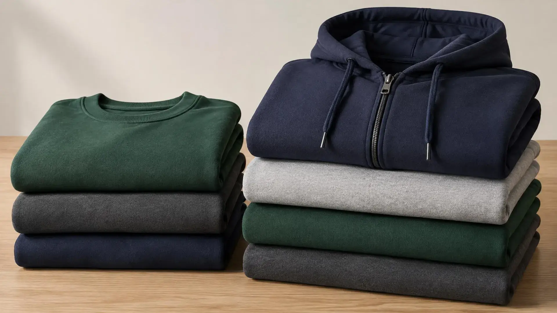 Stacks of folded crewneck sweatshirts and hoodies in green, charcoal, gray and navy, with a navy zip hoodie on top.