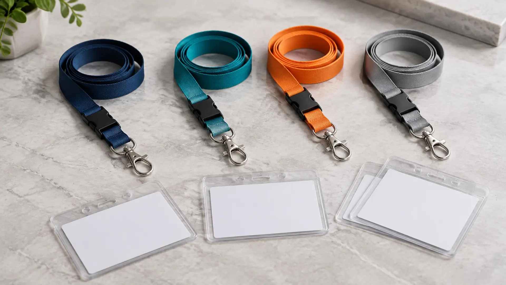 Coiled navy, teal, orange and gray lanyards with breakaway clasps and swivel hooks above clear badge holders.