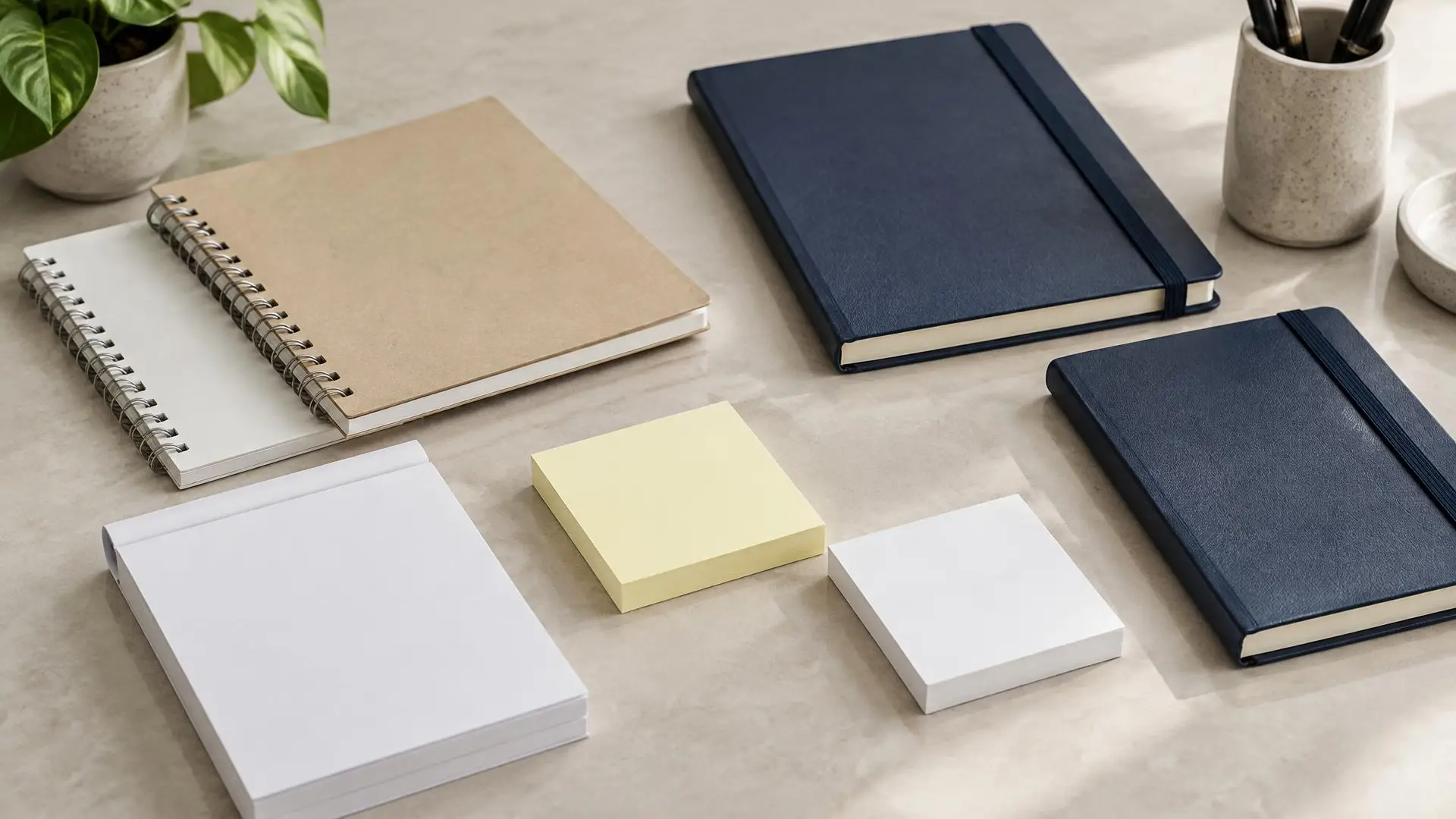 Plain notepads, yellow and white sticky note pads, spiral notebooks and two navy hardcover journals on a stone desk.