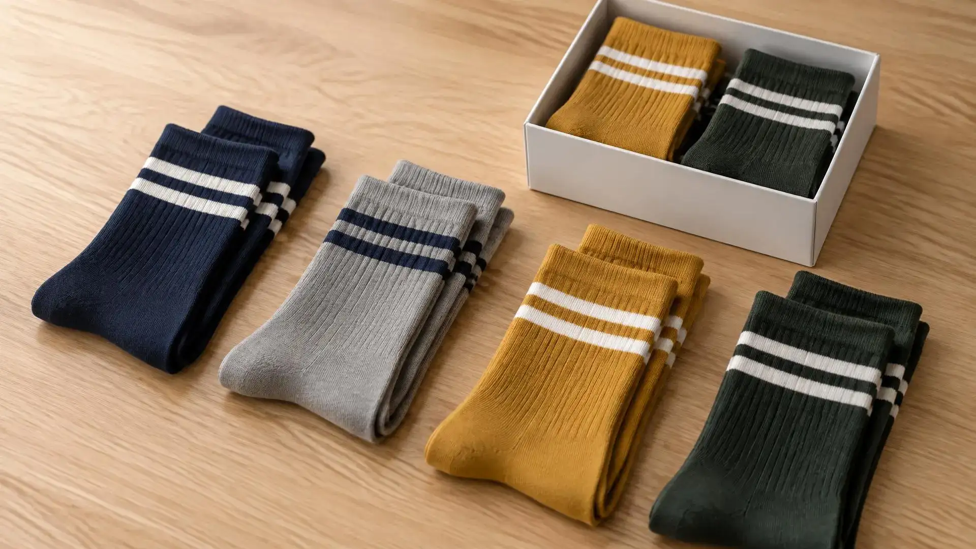 Folded pairs of striped navy, gray, mustard and green crew socks, with two pairs in a white gift box.