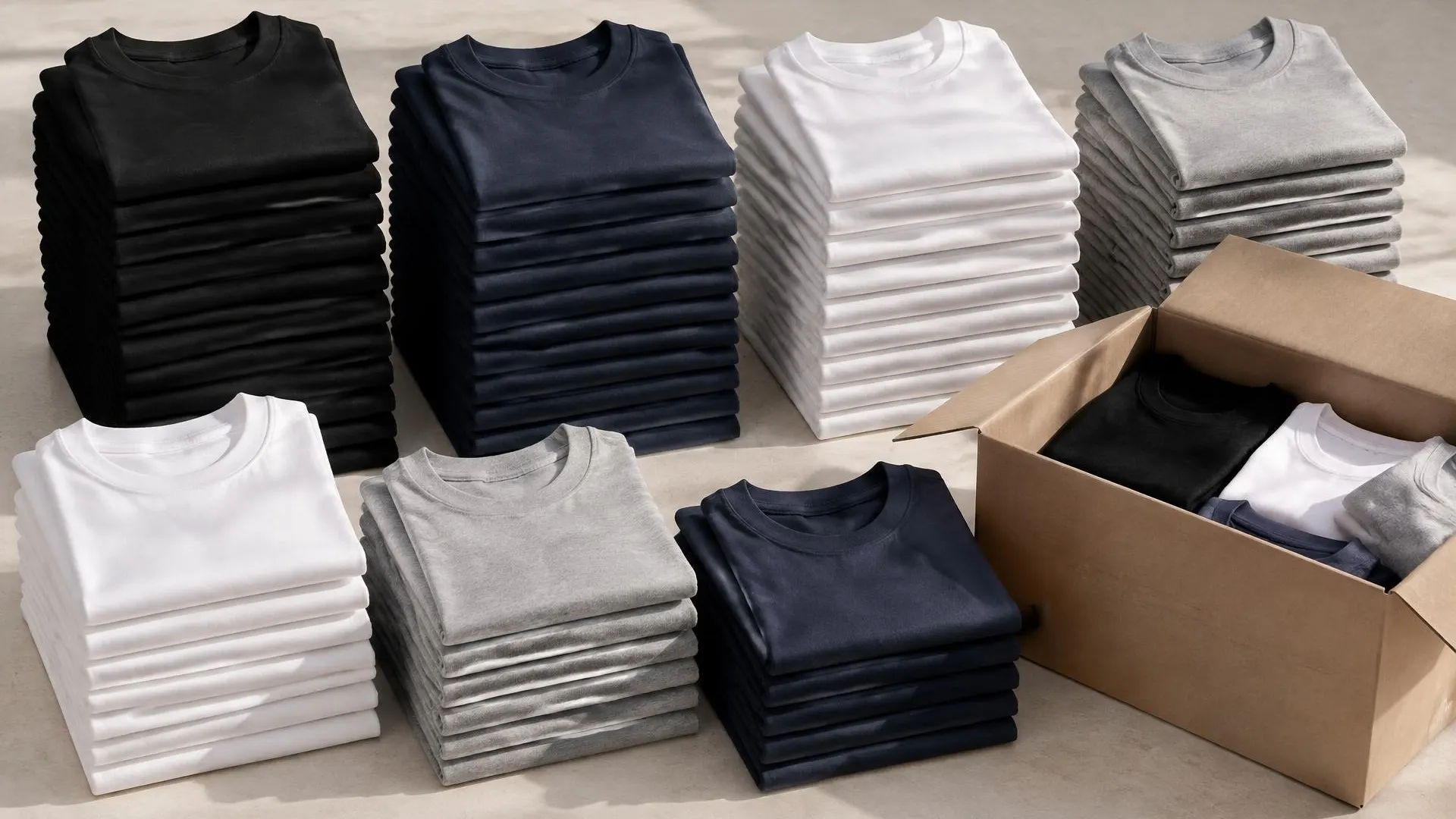 Tall stacks of folded black, navy, white and heather gray t-shirts beside an open carton of folded tees.