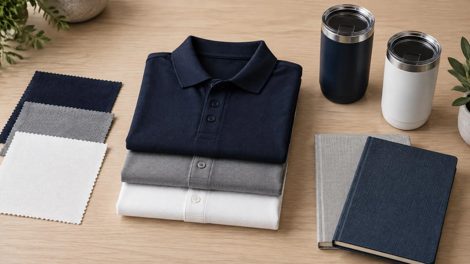 Fabric swatches, folded polos, tumblers and notebooks arranged for comparison.