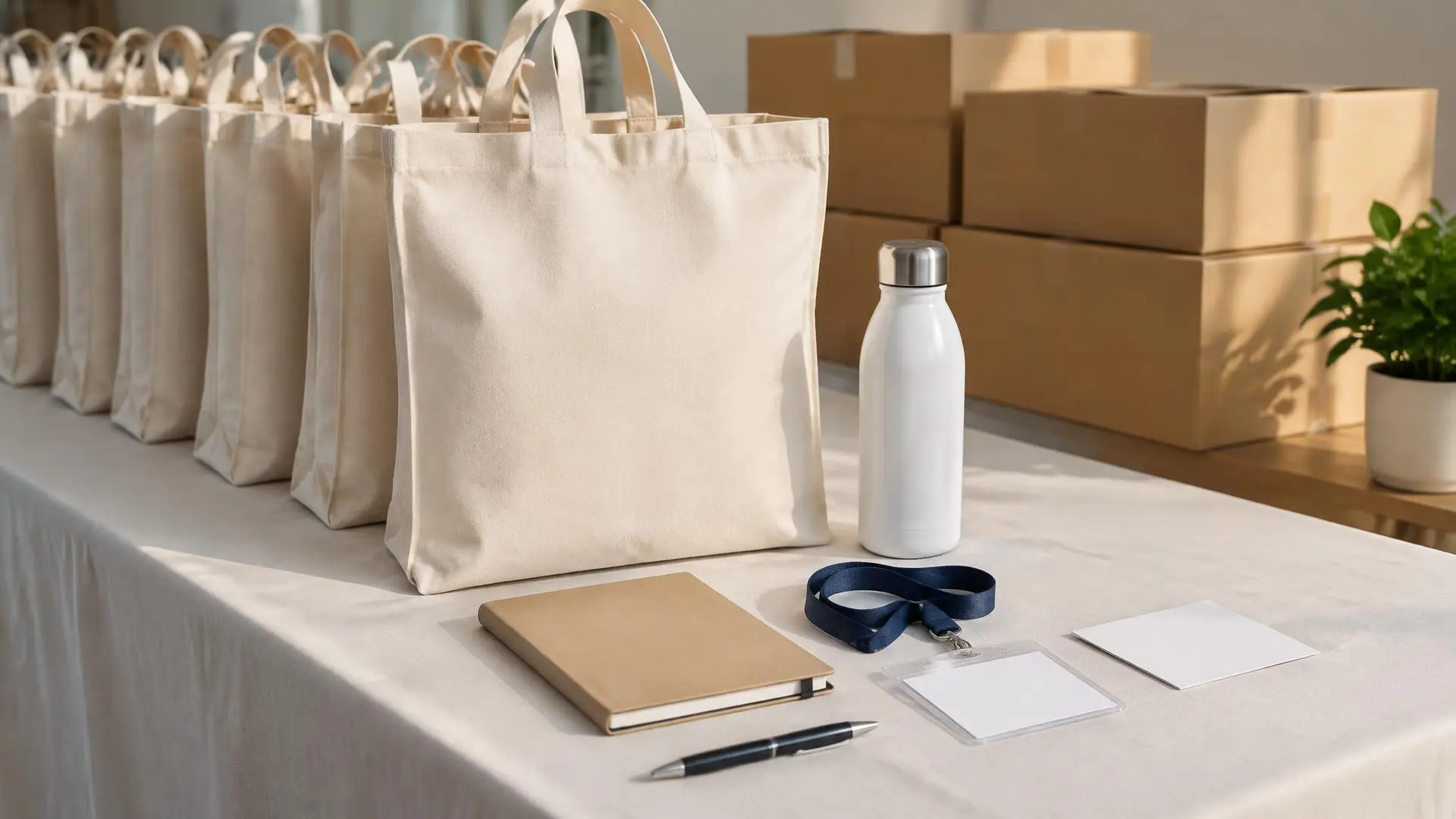 Row of canvas totes on a table with a notebook, pen, navy lanyard, badge holder and white bottle laid out in front.