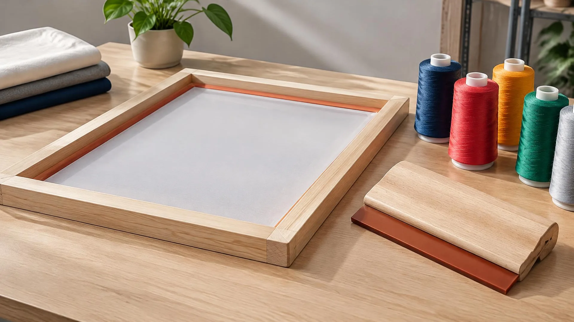 Screen printing frame and squeegee beside colorful embroidery thread spools on a work table.