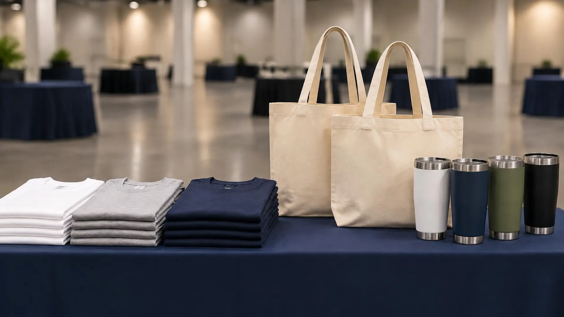 Folded t-shirts, canvas tote bags and tumblers on a navy tablecloth in an empty expo hall.