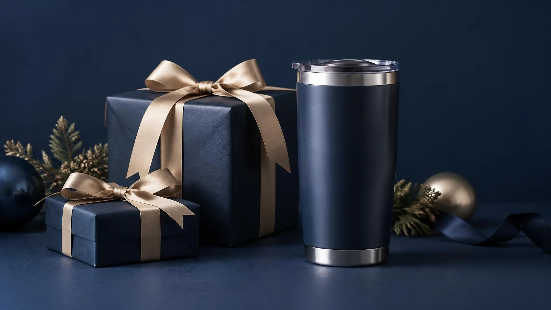 Gift boxes wrapped with satin ribbon beside a navy insulated tumbler.