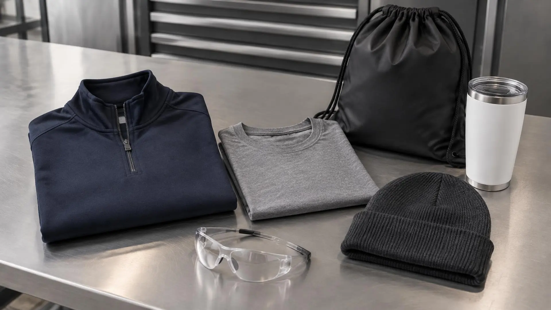 Folded navy quarter zip, gray t-shirt, black drawstring bag, white tumbler, charcoal beanie and clear safety glasses on a steel bench.