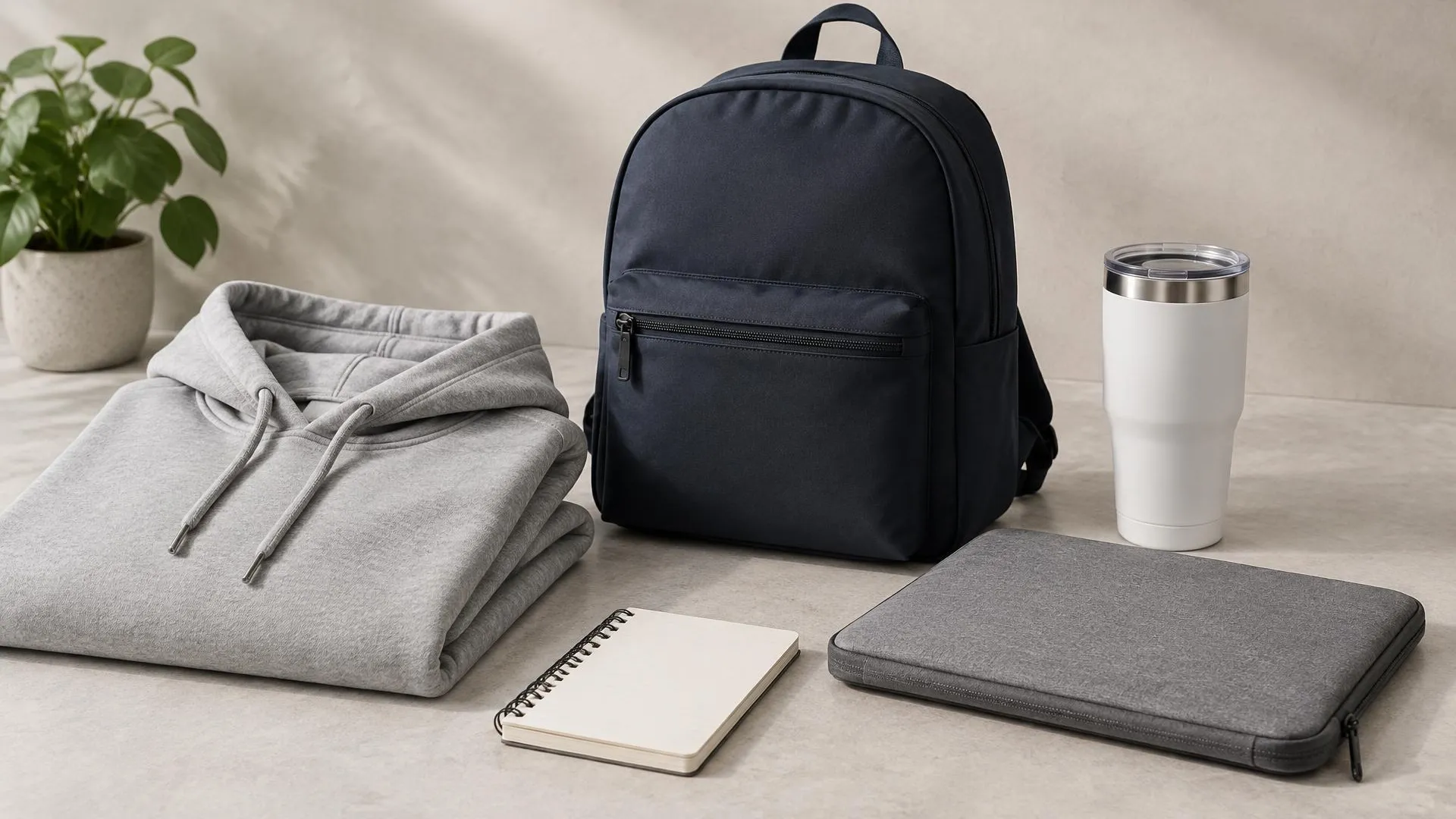 Folded gray hoodie, navy backpack, gray laptop sleeve, white tumbler and a spiral notebook on light stone.