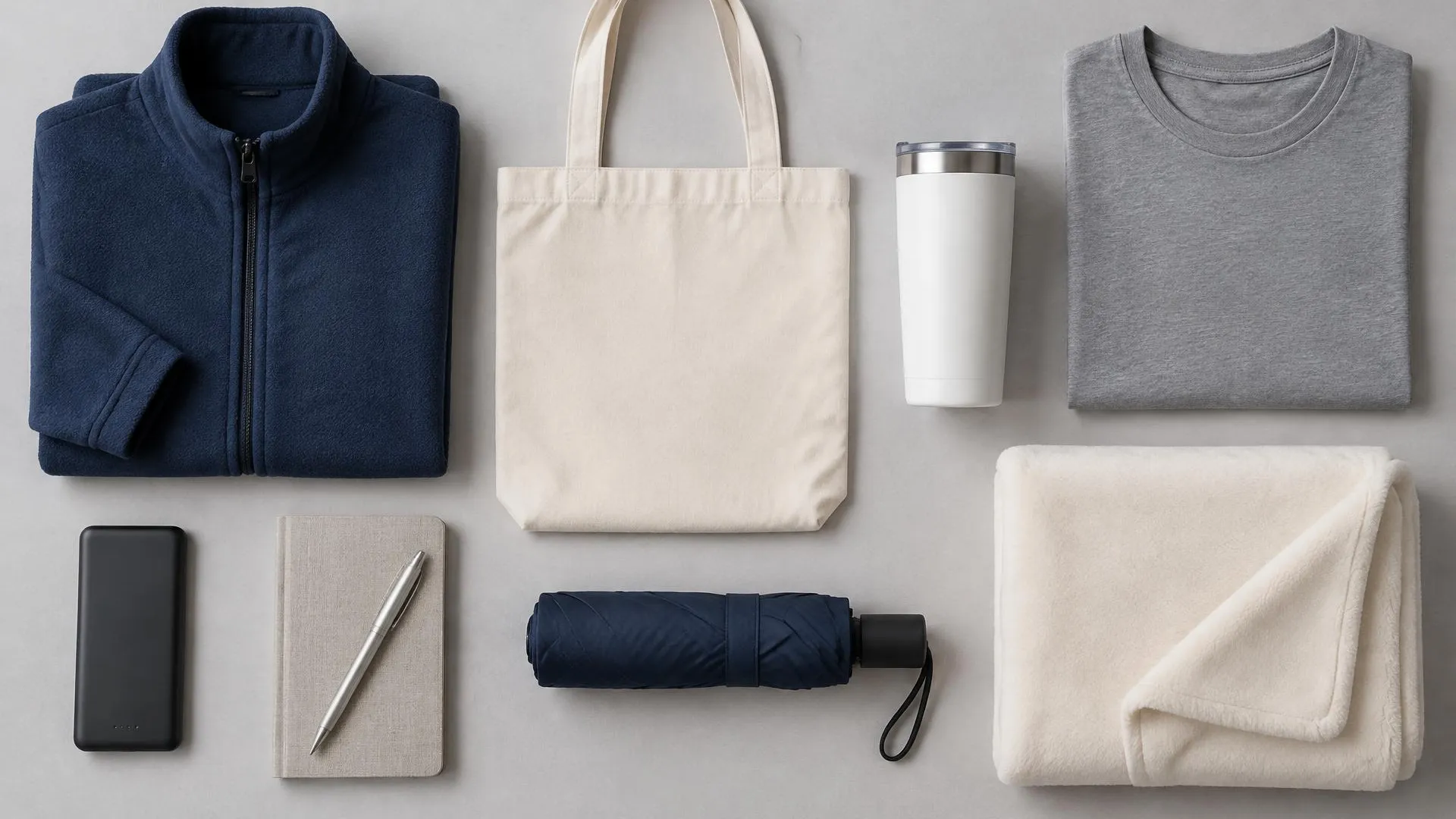 Flat lay of a navy fleece jacket, canvas tote, white tumbler, gray t-shirt, power bank, notebook with pen, navy umbrella and cream blanket.