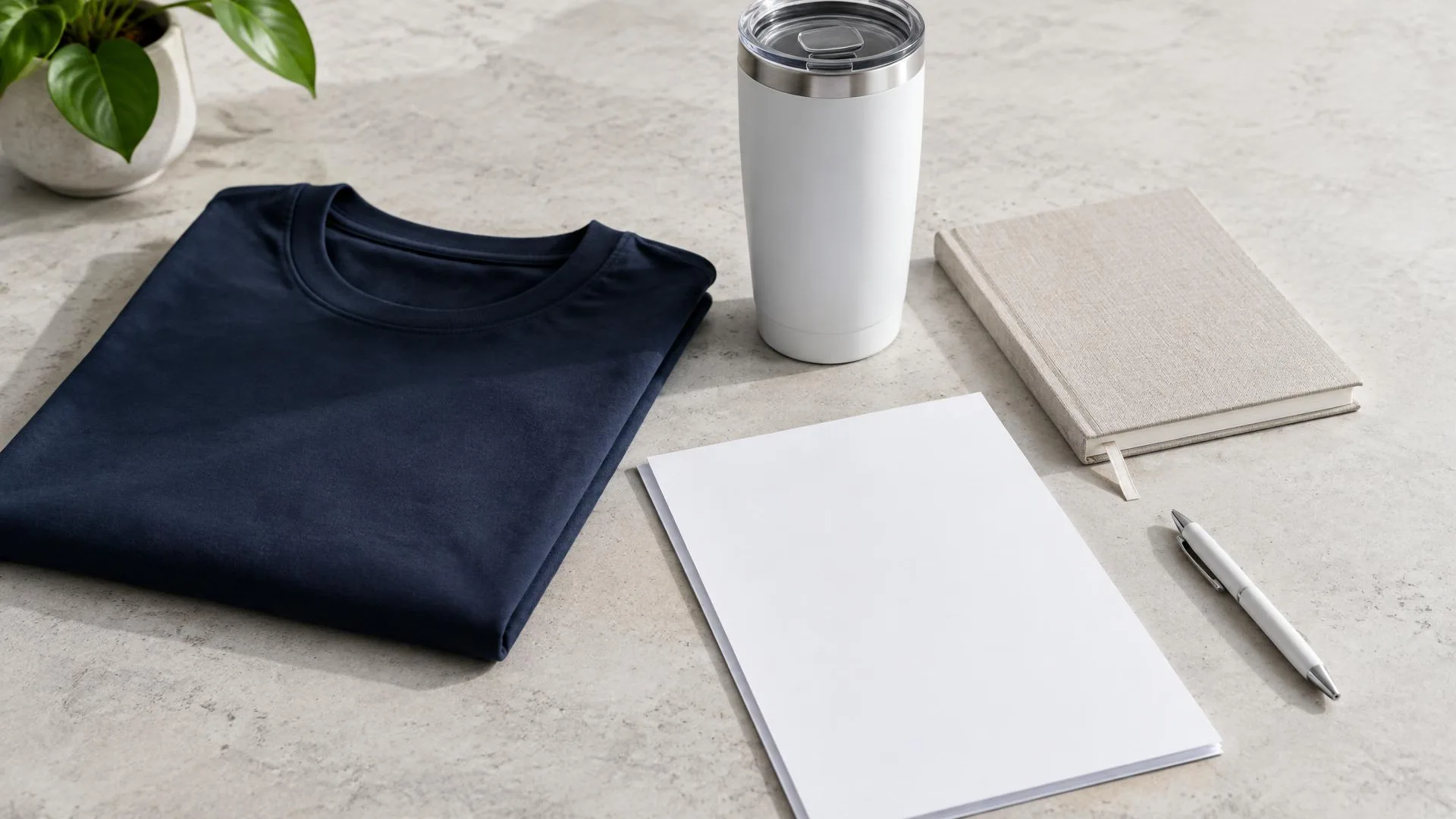Folded navy t-shirt, white tumbler and notebook beside blank documents and a pen.