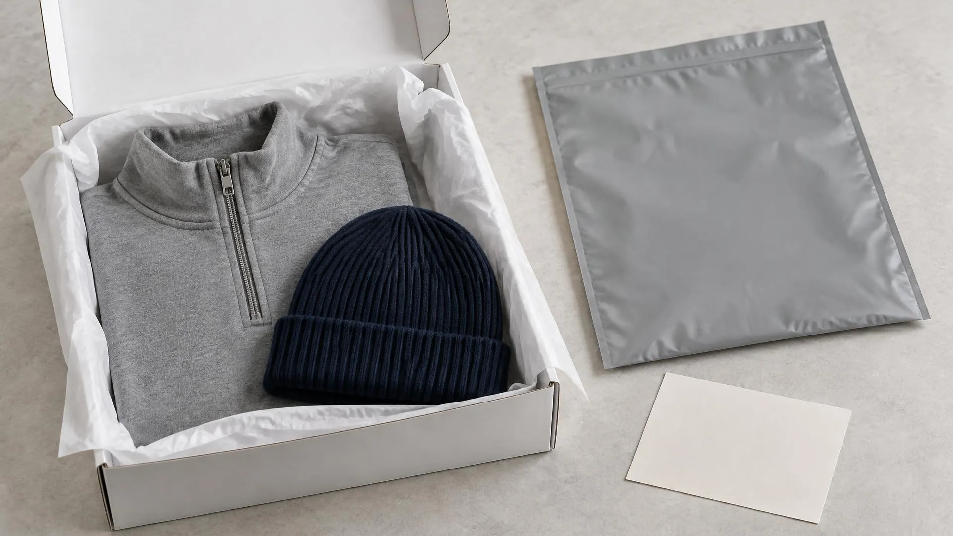 Open white shipping box with tissue holding a folded gray quarter zip and navy beanie, beside a gray mailer and a blank card.