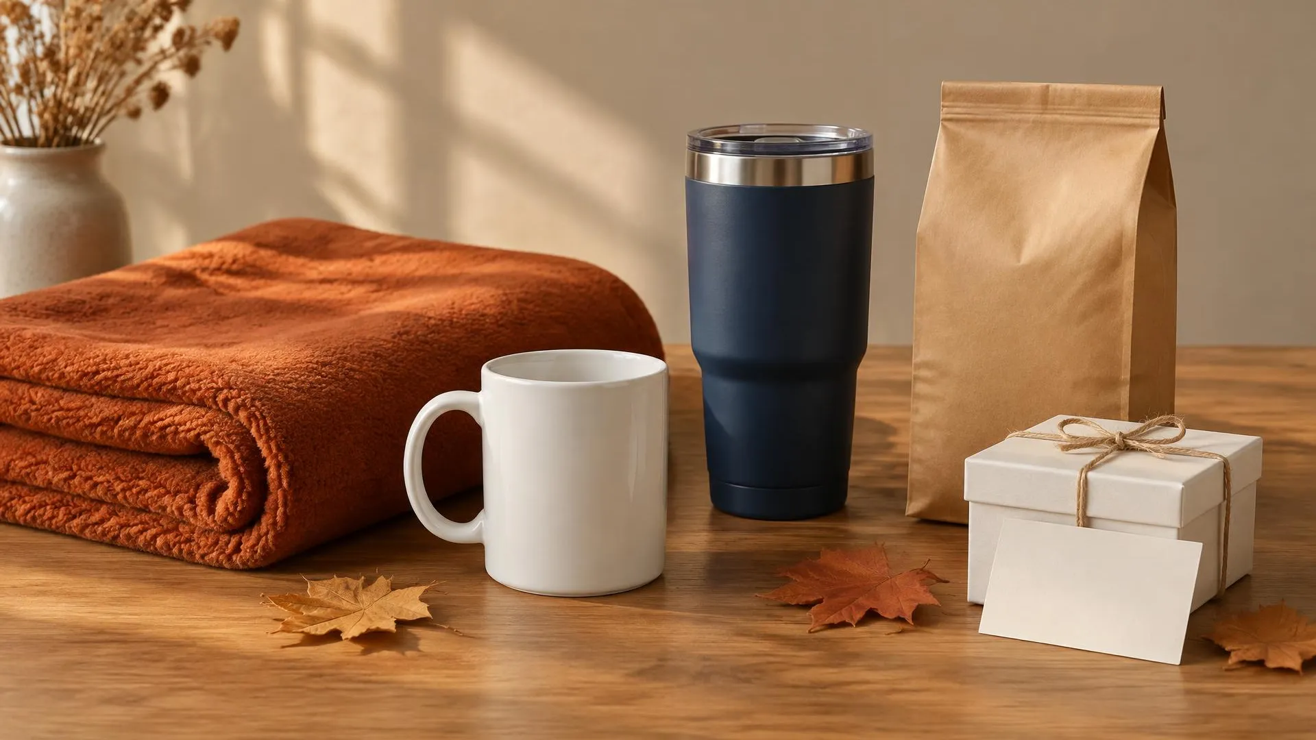 Folded rust fleece blanket, white mug, navy tumbler, plain kraft coffee bag and a small white gift box with autumn leaves on oak.