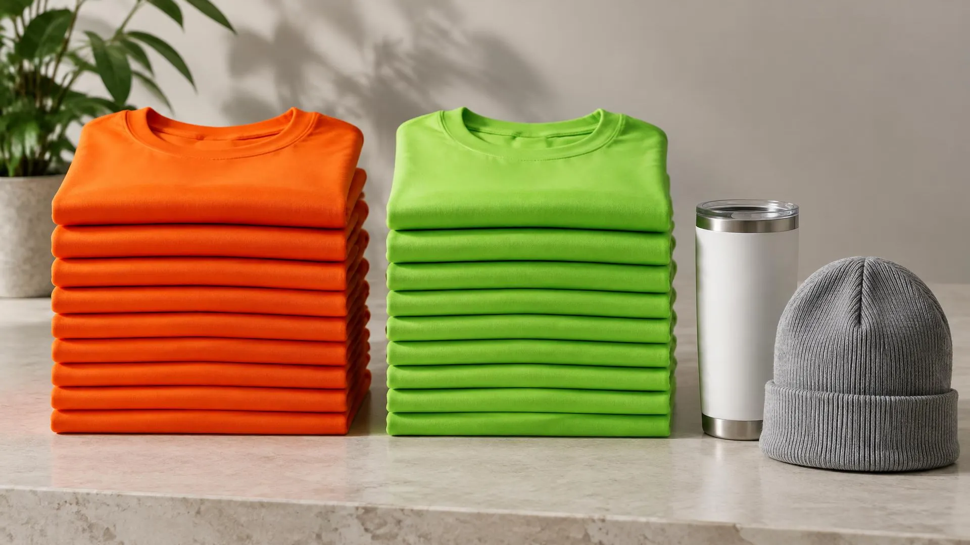 Stacks of folded bright orange and lime green t-shirts beside a white tumbler and a gray beanie.