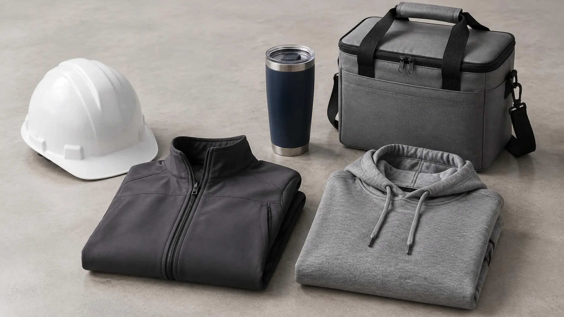 White hard hat, folded charcoal work jacket, folded gray hoodie, navy tumbler and gray cooler bag on light concrete.